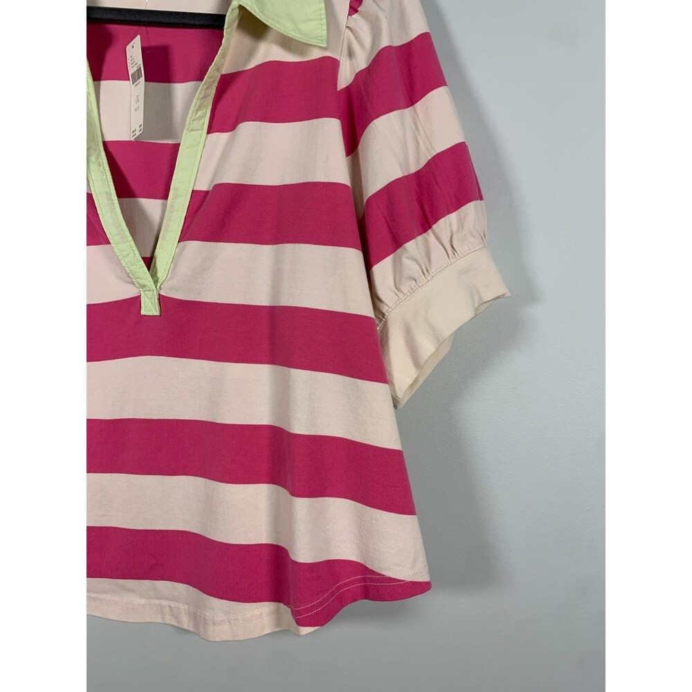 NWT Maeve Anthropologie Pink Rugby Stripe Puff Sleeve Polo Shirt 1X Preppy - Picture 5 of 7